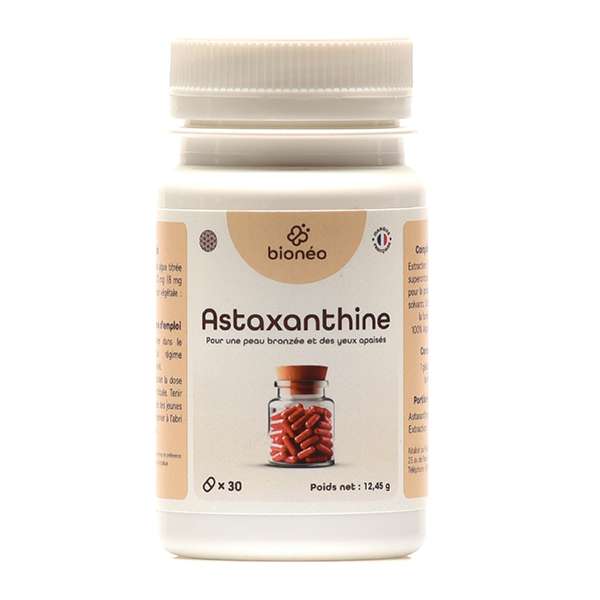 Flacon de compléments alimentaires Astaxanthine Bionéo x30, capsules rouges pour peau et yeux.