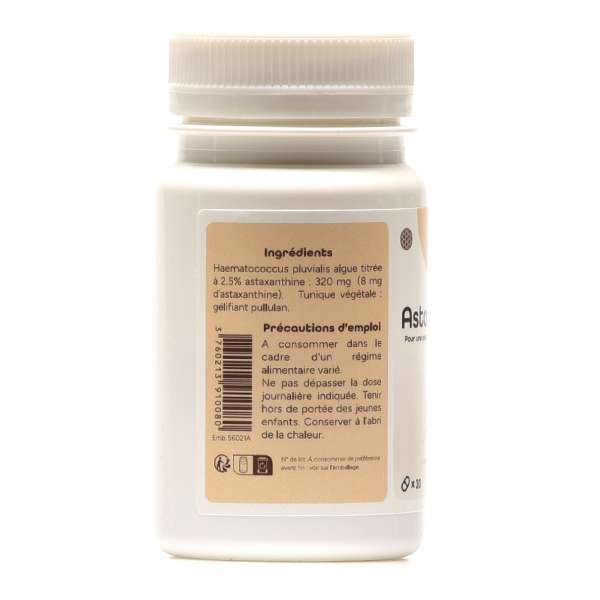 Dos du flacon Astaxanthine Bionéo x30 montrant ingrédients et précautions d’emploi.