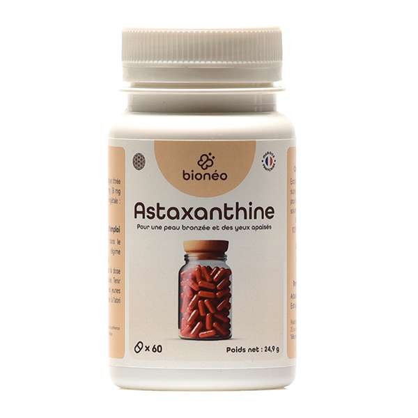 Flacon de 60 capsules Astaxanthine Bionéo, complément pour peau et yeux, 24,9 g.