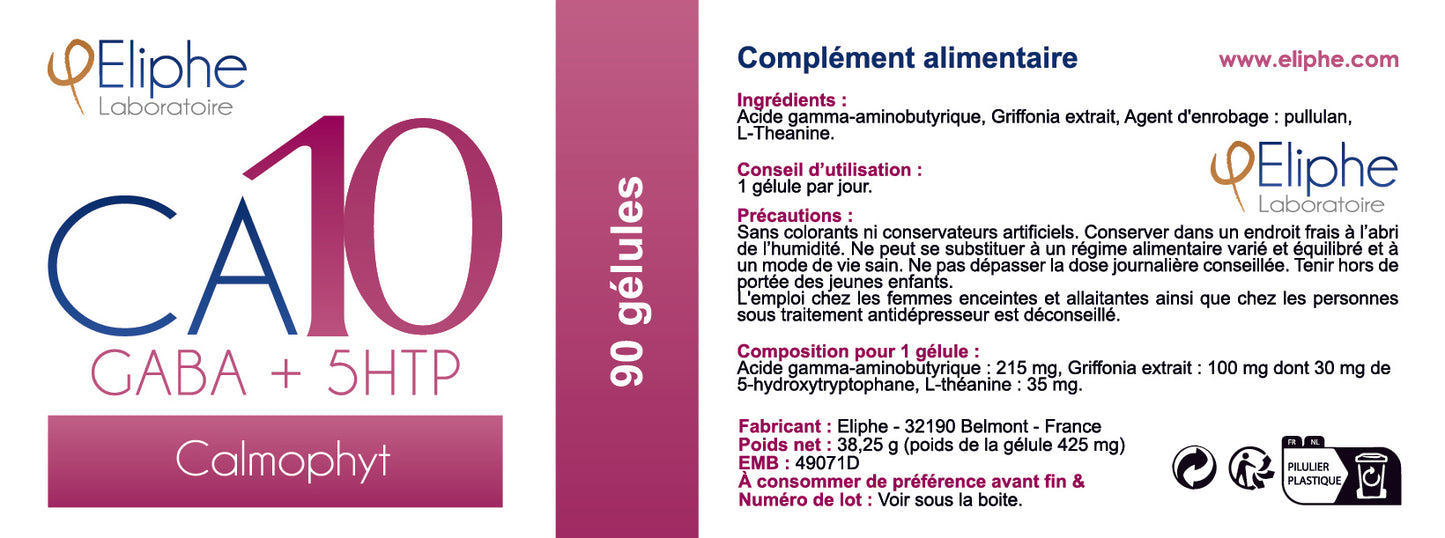 Étiquette du complément Calmophyt CA10 Eliphe – GABA, 5-HTP, L-Théanine, conseils d’utilisation et précautions.
