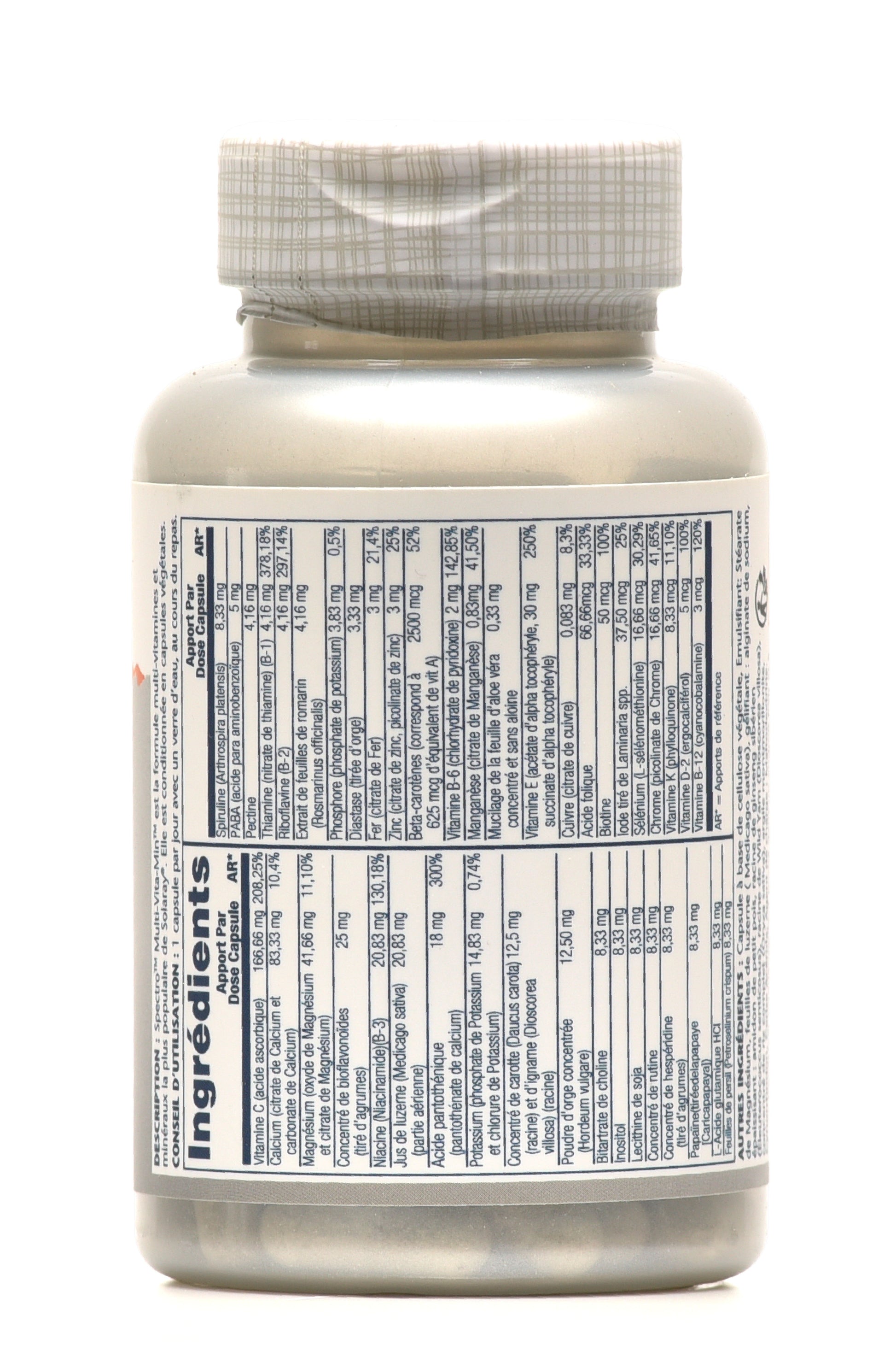 Dos de la bouteille de multivitamines Solaray Spectro – Liste des ingrédients et informations nutritionnelles.